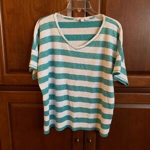 Chico’s linen aqua strip V neck short sleeve top size 3/XL(16).